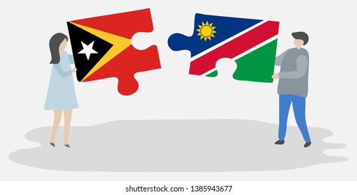 Couple holding two puzzles pieces with Timorese and Namibian flags. East Timor and Namibia national symbols together.