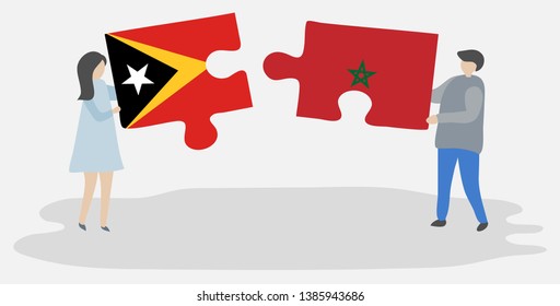 Couple holding two puzzles pieces with Timorese and Moroccan flags. East Timor and Morocco national symbols together.