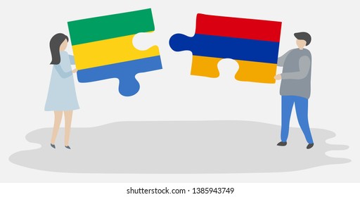 Couple holding two puzzles pieces with Gabonese and Armenian flags. Gabon and Armenia national symbols together.