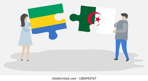 Couple holding two puzzles pieces with Gabonese and Algerian flags. Gabon and Algeria national symbols together.