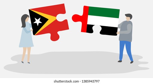 Couple holding two puzzles pieces with Timorese and Emirian flags. East Timor and United Arab Emirates national symbols together.