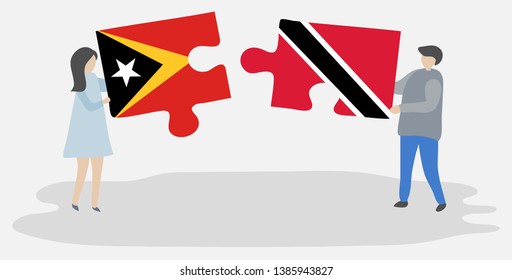 Couple holding two puzzles pieces with Timorese and Trinidadian flags. East Timor and Trinidad and Tobago national symbols together.
