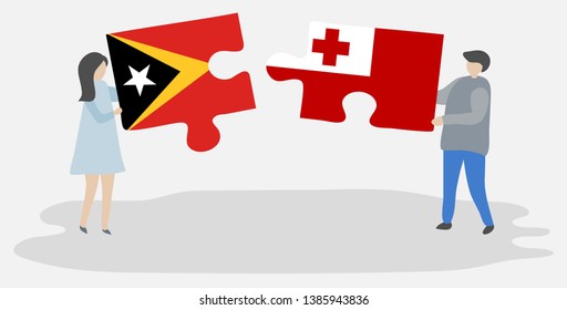 Couple holding two puzzles pieces with Timorese and Tongan flags. East Timor and Tonga national symbols together.