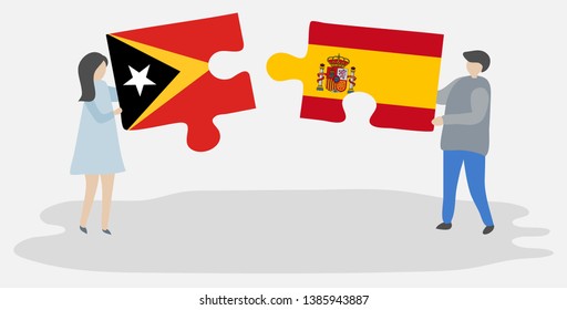 Couple holding two puzzles pieces with Timorese and Spanish flags. East Timor and Spain national symbols together.
