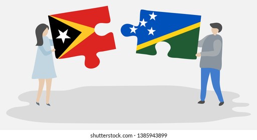 Couple holding two puzzles pieces with Timorese and Solomon Island flags. East Timor and Solomon Islands national symbols together.