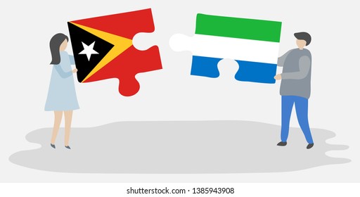 Couple holding two puzzles pieces with Timorese and Sierra Leonean flags. East Timor and Sierra Leone national symbols together.