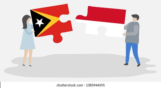 Couple holding two puzzles pieces with Timorese and Monegasque flags. East Timor and Monaco national symbols together.