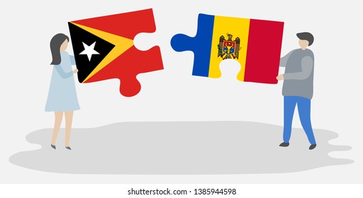 Couple holding two puzzles pieces with Timorese and Moldovan flags. East Timor and Moldova national symbols together.