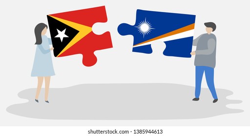 Couple holding two puzzles pieces with Timorese and Marshallese flags. East Timor and Marshall Islands national symbols together.