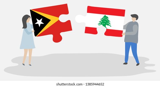 Couple holding two puzzles pieces with Timorese and Lebanese flags. East Timor and Lebanon national symbols together.