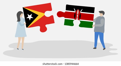 Couple holding two puzzles pieces with Timorese and Kenyan flags. East Timor and Kenya national symbols together.