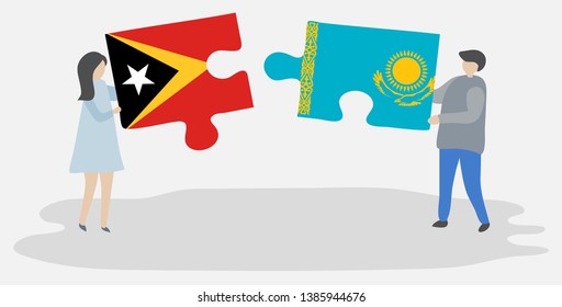 Couple holding two puzzles pieces with Timorese and Kazakh flags. East Timor and Kazakhstan national symbols together.