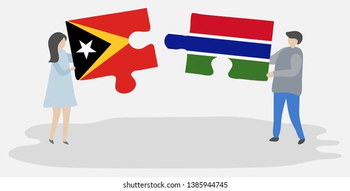 Couple holding two puzzles pieces with Timorese and Gambian flags. East Timor and Gambia national symbols together.