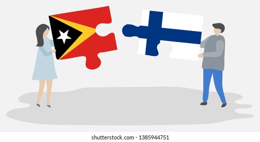 Couple holding two puzzles pieces with Timorese and Finnish flags. East Timor and Finland national symbols together.