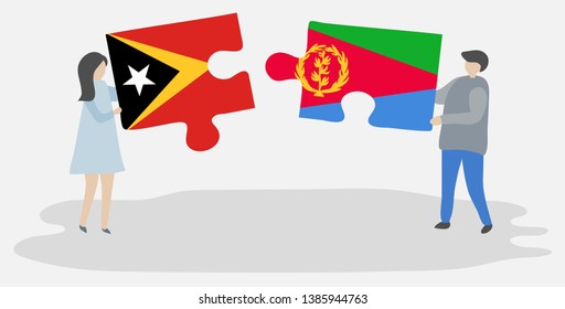 Couple holding two puzzles pieces with Timorese and Eritrean flags. East Timor and Eritrea national symbols together.