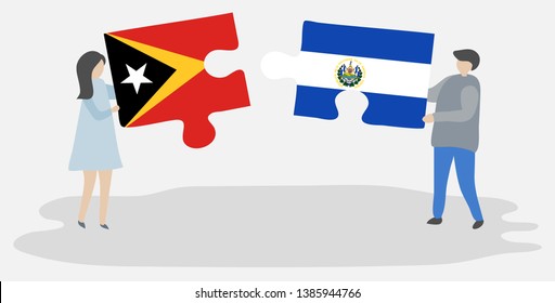 Couple holding two puzzles pieces with Timorese and Salvadoran flags. East Timor and El Salvador national symbols together.