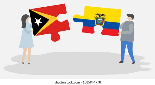 Couple holding two puzzles pieces with Timorese and Ecuadorian flags. East Timor and Ecuador national symbols together.