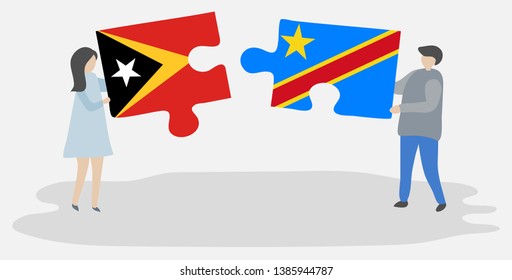 Couple holding two puzzles pieces with Timorese and Congolese flags. East Timor and Democratic Republic of the Congo national symbols together.