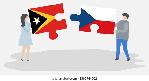 Couple holding two puzzles pieces with Timorese and Czech flags. East Timor and Czech Republic national symbols together.