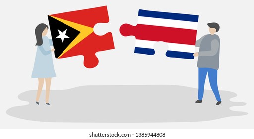 Couple holding two puzzles pieces with Timorese and Costa Rican flags. East Timor and Costa Rica national symbols together.