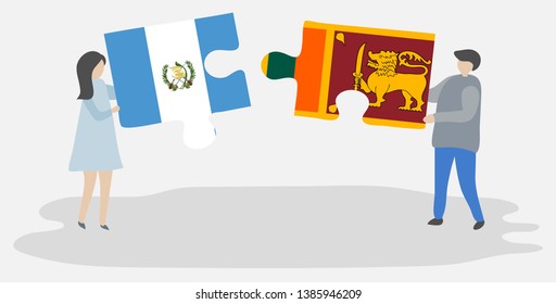 Couple holding two puzzles pieces with Guatemalan and Sri Lankan flags. Guatemala and Sri Lanka national symbols together.