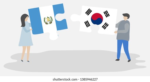 Couple holding two puzzles pieces with Guatemalan and South Korean flags. Guatemala and South Korea national symbols together.