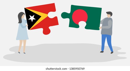 Couple holding two puzzles pieces with Timorese and Bangladeshi flags. East Timor and Bangladesh national symbols together.