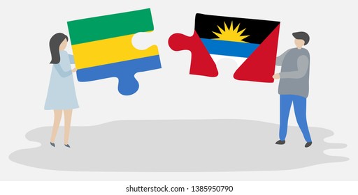 Couple holding two puzzles pieces with Gabonese and Antiguan flags. Gabon and Antigua and Barbuda national symbols together.