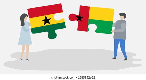 Couple holding two puzzles pieces with Ghanaian and Bissau-Guinean flags. Ghana and Guinea-Bissau national symbols together.