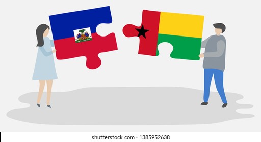 Couple holding two puzzles pieces with Haitian and Bissau-Guinean flags. Haiti and Guinea-Bissau national symbols together.