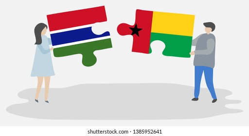 Couple holding two puzzles pieces with Gambian and Bissau-Guinean flags. Gambia and Guinea-Bissau national symbols together.