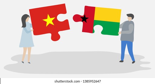 Couple holding two puzzles pieces with Vietnamese and Bissau-Guinean flags. Vietnam and Guinea-Bissau national symbols together.