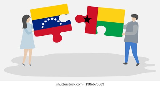 Couple holding two puzzles pieces with Venezuelan and Bissau-Guinean flags. Venezuela and Guinea-Bissau national symbols together.