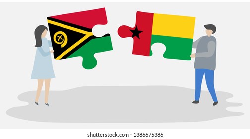 Couple holding two puzzles pieces with Vanuatuan and Bissau-Guinean flags. Vanuatu and Guinea-Bissau national symbols together.