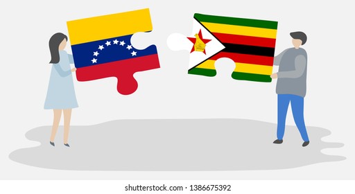 Couple holding two puzzles pieces with Venezuelan and Zimbabwean flags. Venezuela and Zimbabwe national symbols together.