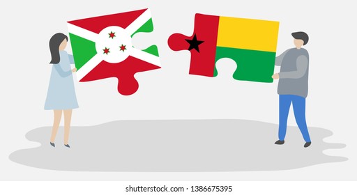 Couple holding two puzzles pieces with Burundian and Bissau-Guinean flags. Burundi and Guinea-Bissau national symbols together.
