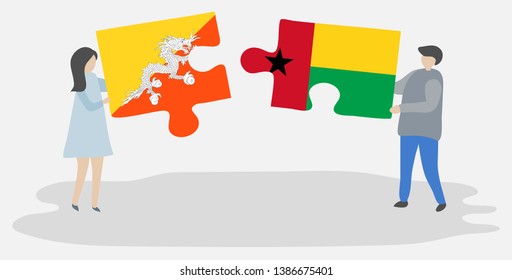 Couple holding two puzzles pieces with Bhutanese and Bissau-Guinean flags. Bhutan and Guinea-Bissau national symbols together.