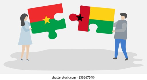 Couple holding two puzzles pieces with Burkinabe and Bissau-Guinean flags. Burkina Faso and Guinea-Bissau national symbols together.