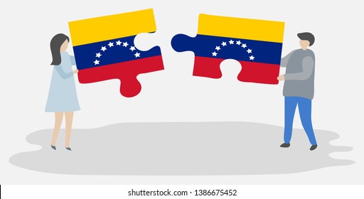 Couple holding two puzzles pieces with Venezuelan and Venezuelan flags. Venezuela and Venezuela national symbols together.