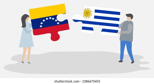 Couple holding two puzzles pieces with Venezuelan and Uruguayan flags. Venezuela and Uruguay national symbols together.