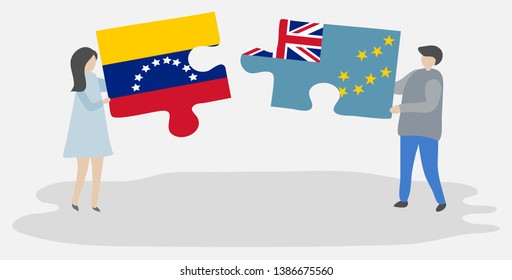 Couple holding two puzzles pieces with Venezuelan and Tuvaluan flags. Venezuela and Tuvalu national symbols together.