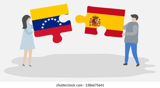 Couple holding two puzzles pieces with Venezuelan and Spanish flags. Venezuela and Spain national symbols together.
