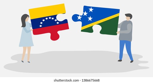Couple holding two puzzles pieces with Venezuelan and Solomon Island flags. Venezuela and Solomon Islands national symbols together.