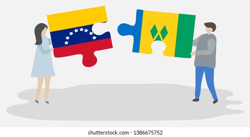 Couple holding two puzzles pieces with Venezuelan and Vincentian flags. Venezuela and Saint Vincent and the Grenadines national symbols together.
