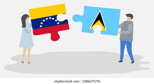 Couple holding two puzzles pieces with Venezuelan and Saint Lucian flags. Venezuela and Saint Lucia national symbols together.