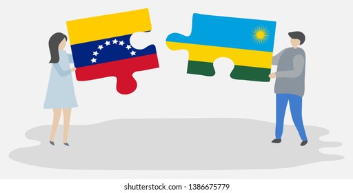 Couple holding two puzzles pieces with Venezuelan and Rwandan flags. Venezuela and Rwanda national symbols together.