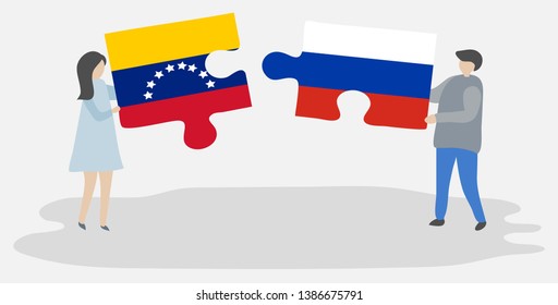 Couple holding two puzzles pieces with Venezuelan and Russian flags. Venezuela and Russia national symbols together.