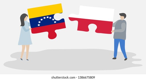 Couple holding two puzzles pieces with Venezuelan and Polish flags. Venezuela and Poland national symbols together.