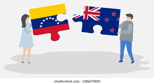 Couple holding two puzzles pieces with Venezuelan and NZ flags. Venezuela and New Zealand national symbols together.