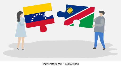 Couple holding two puzzles pieces with Venezuelan and Namibian flags. Venezuela and Namibia national symbols together.